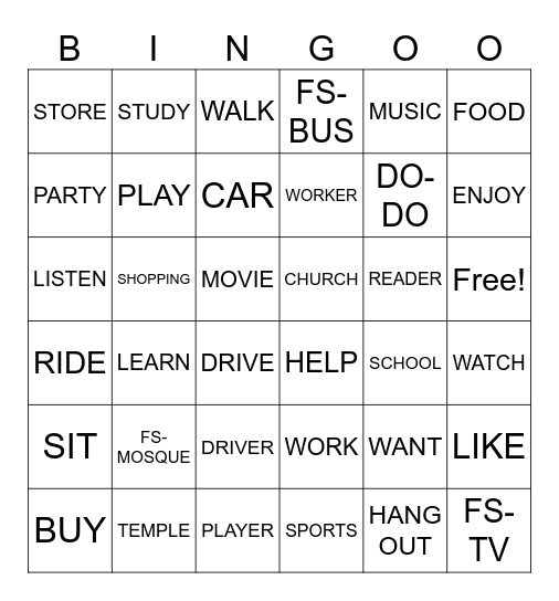 Activities Sign Vocabulary Bingo Card