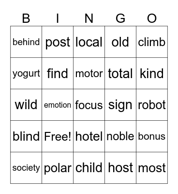Week 7 Spelling: Long I and O Bingo Card