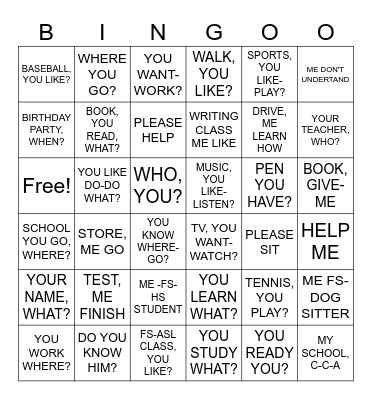 ASL GRAMMAR Bingo Card