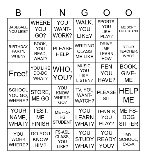 ASL GRAMMAR Bingo Card