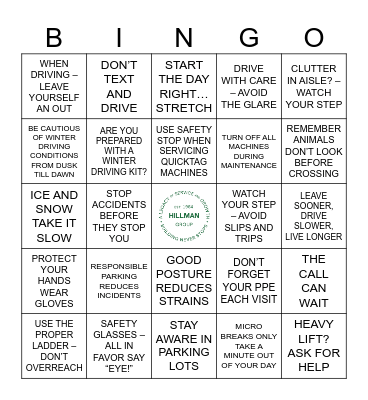 Hillman Safety Bingo 2023 Bingo Card