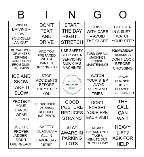 Hillman Safety Bingo 2023 Bingo Card