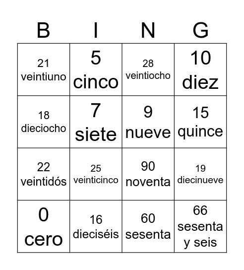 Los Números 0-100 Bingo Card