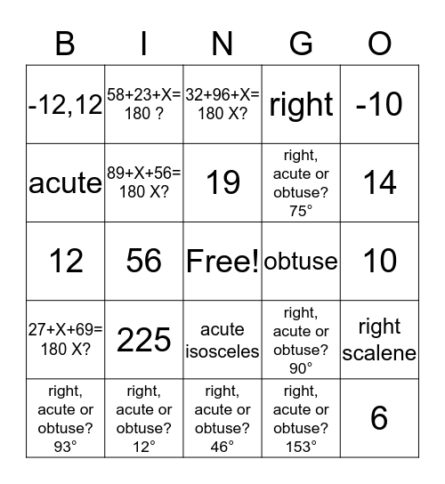 Mathematical Bingo Card