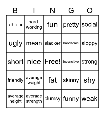 La apariencia y la personalidad Bingo Card