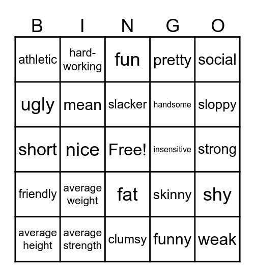 La apariencia y la personalidad Bingo Card