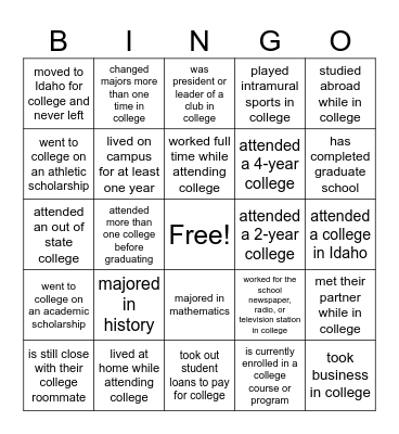 College Bingo! Bingo Card