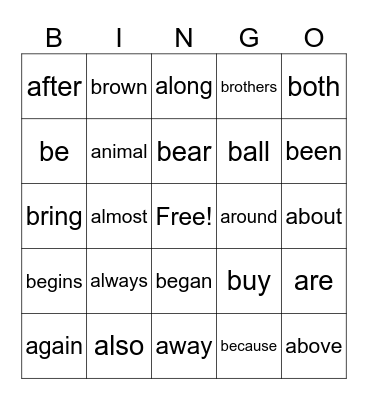 "A and B" Sight Words Bingo Card