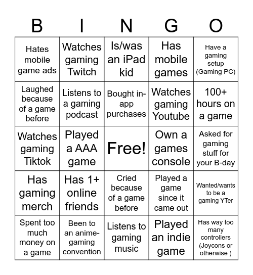 Do you like gaming bingo Card