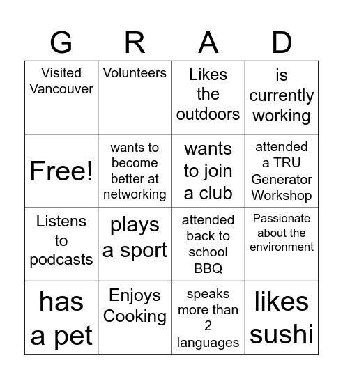 Grad Bingo Card