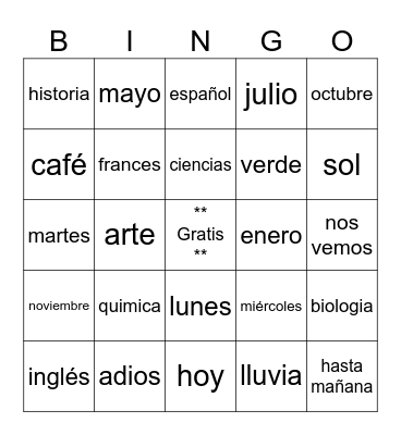 Grade 8 Spanish Bingo Card