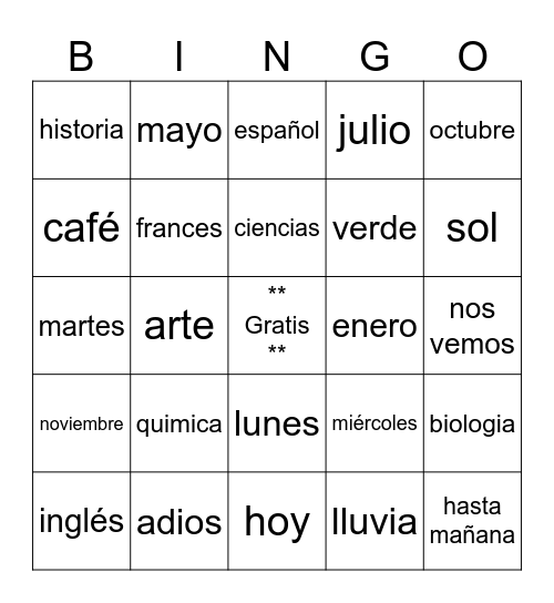 Grade 8 Spanish Bingo Card