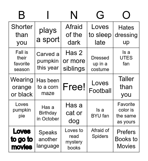 TA Halloween Mix and Mingle Bingo Card