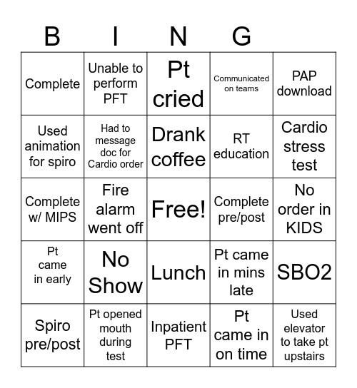 RESP CARE WEEK PFT LAB BINGO 2023 Bingo Card