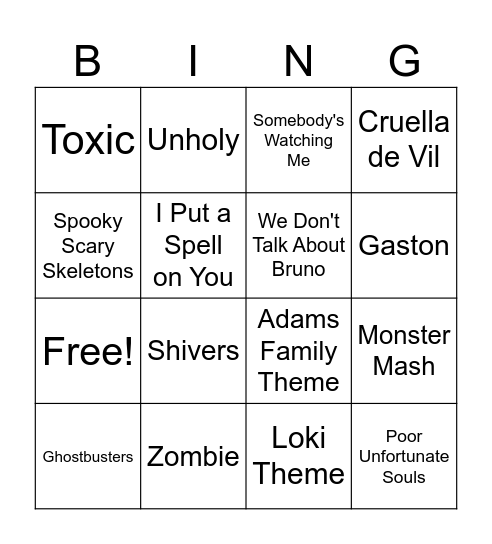 Halloween Music Bingo Card