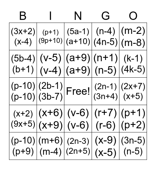 Factoring Quadratics Bingo Card