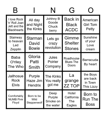 Classic Rock  & Jules Poirier Company Bingo Card