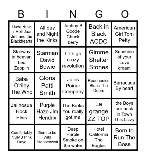 Classic Rock  & Jules Poirier Company Bingo Card