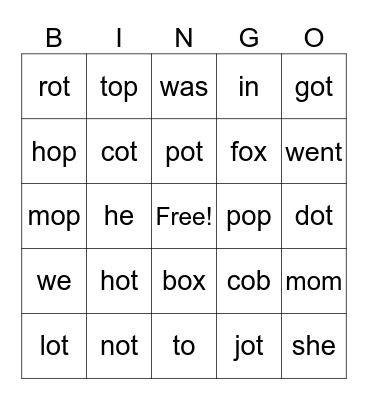 Short o and trick words Bingo Card