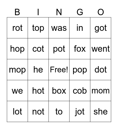 Short o and trick words Bingo Card