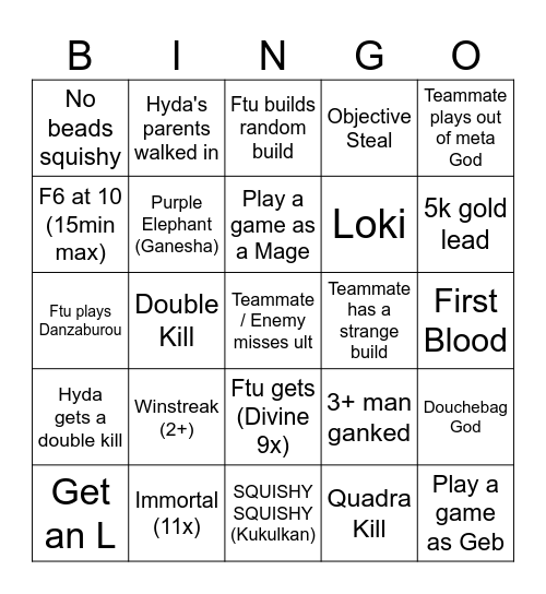 SMITE BINGO Card