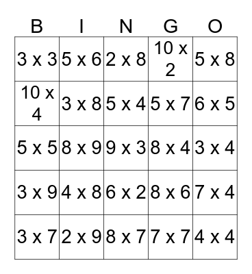 Multiplication Bingo Card