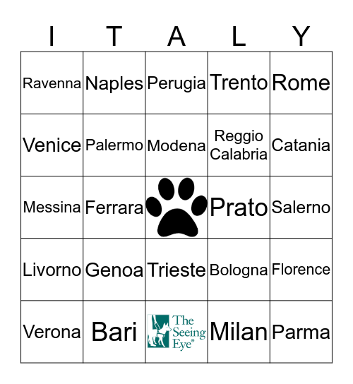 Italian American Society: Seeing Eye Fundraiser Bingo Card