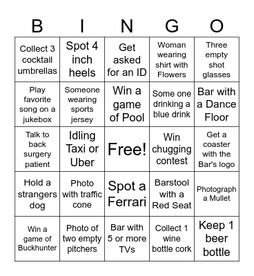Bar Crawl Bingo Card