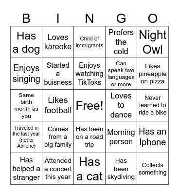 Get to Know You Bingo Card
