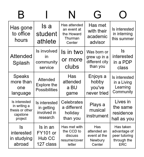 First-Year Success Bingo: Find the Person Who... Bingo Card