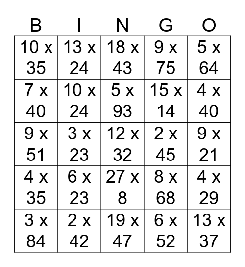 Advanced Multiplication Bingo Card