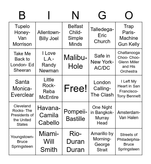 Musical Bingo Cities/Places Bingo Card