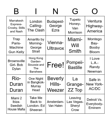 Musical Bingo Cities/Places Bingo Card