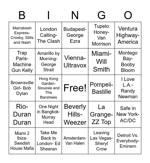 Musical Bingo Cities/Places Bingo Card