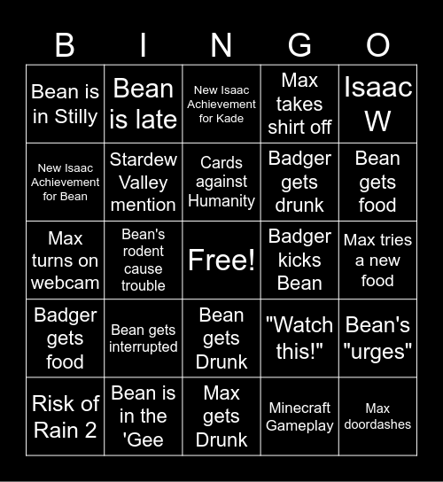 Bois Night Shenanigans Bingo Card