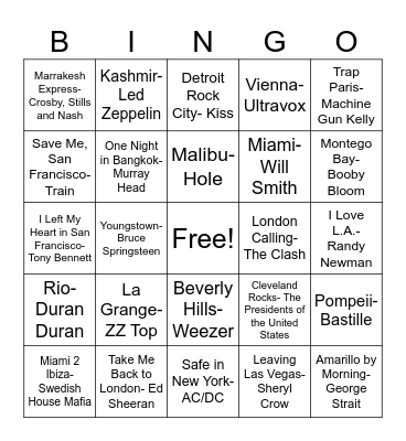 Musical Bingo Cities/Places Bingo Card