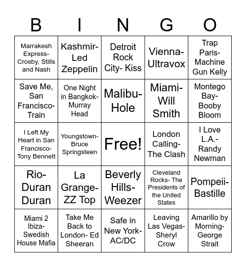 Musical Bingo Cities/Places Bingo Card