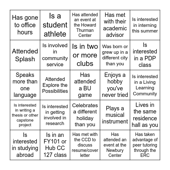 First-Year Success Bingo: Find the Person Who... Bingo Card