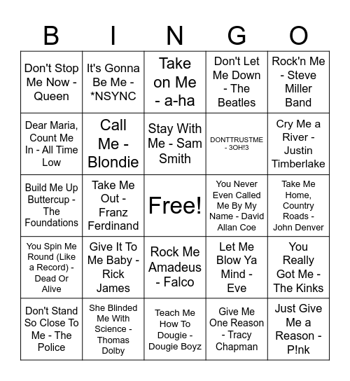 Me, Me, Me Bingo Card