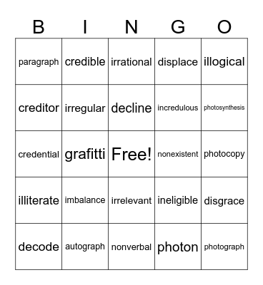 Vocabulary Review Bingo Card