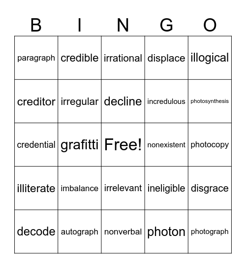 Vocabulary Review Bingo Card