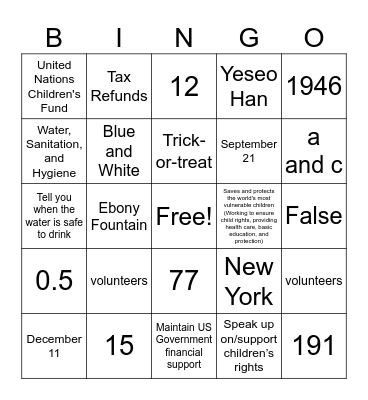 UNICEF BINGOO!! Bingo Card