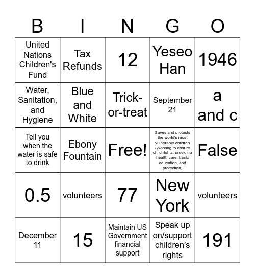 UNICEF BINGOO!! Bingo Card