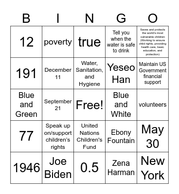 UNICEF BINGOO!! Bingo Card