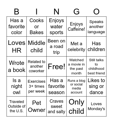 Getting To Know You Bingo Card