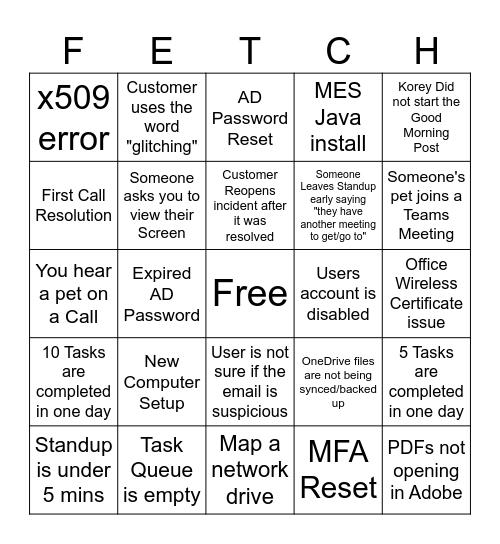 Fetch Service Desk BINGO Card