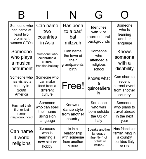 Gap Free Day Bingo Card