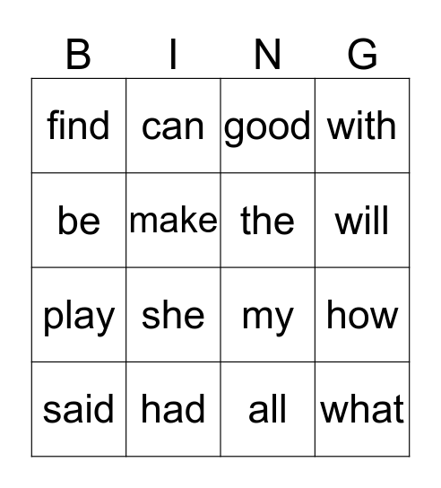 Sight Word Bingo Card