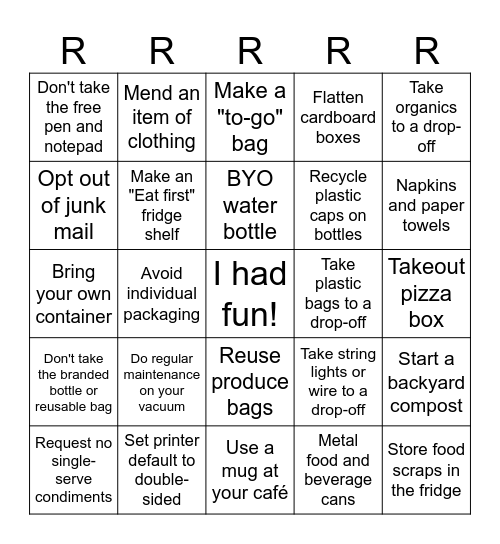 Refuse, Reduce, Reuse, Recycle, Rot Bingo Card