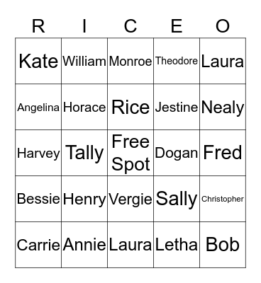 Rice Family 2016 Bingo Card